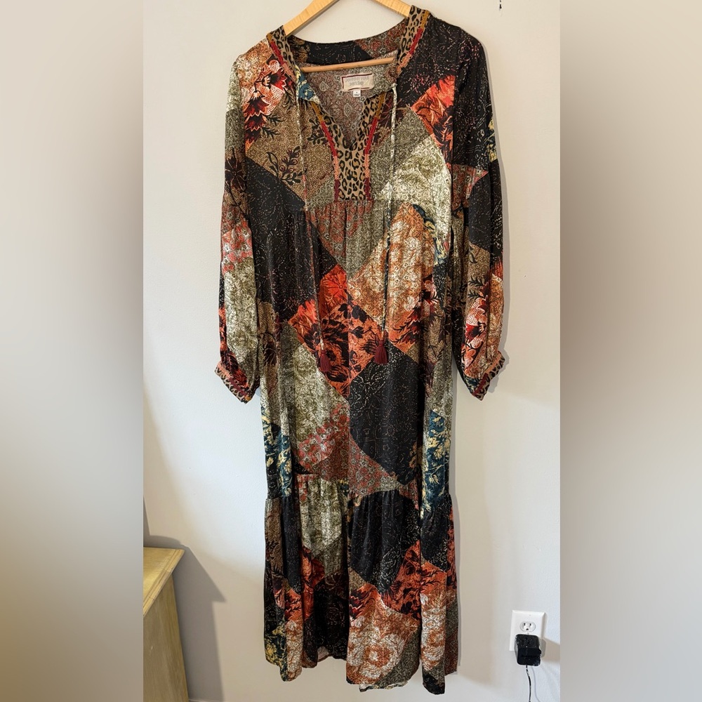 Johnny Was Workshop Mabel Patchwork Long Sleeve Midi Dress 100% silk